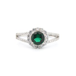925 Silver Rhodium CZ Set Round Cluster Emerald Green Centre