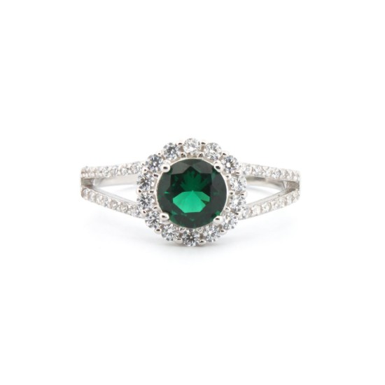 925 Silver Rhodium CZ Set Round Cluster Emerald Green Centre