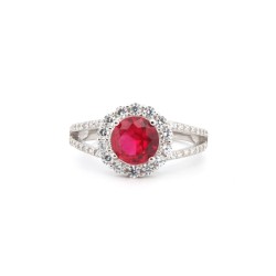 925 Silver Rhodium CZ Set Round Cluster Ruby Red Centre