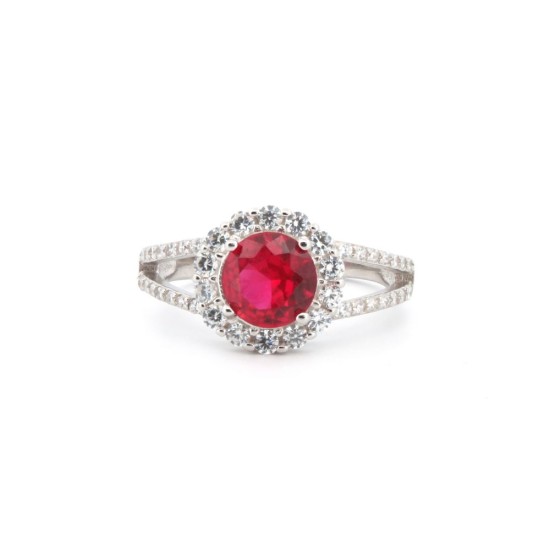 925 Silver Rhodium CZ Set Round Cluster Ruby Red Centre