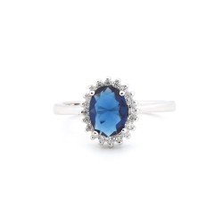 925 Silver Rhodium CZ Set Oval Cluster Sapphire Blue Centre