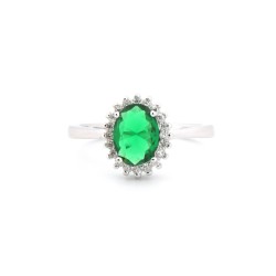 925 Silver Rhodium CZ Set Oval Cluster Emerald Green Centre