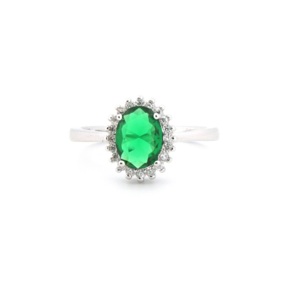 925 Silver Rhodium CZ Set Oval Cluster Emerald Green Centre