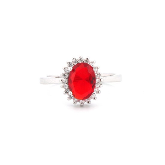 925 Silver Rhodium CZ Set Oval Cluster Ruby Red Centre