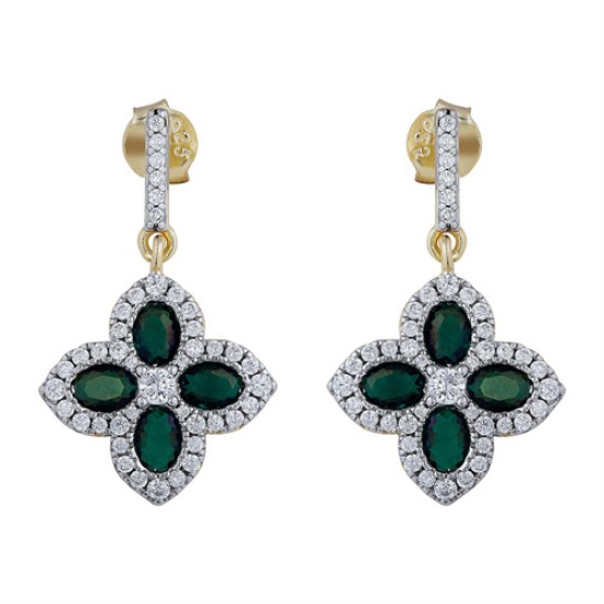 925 Silver 14ct Gold Plate CZ Set Clover Drop Earrings Green