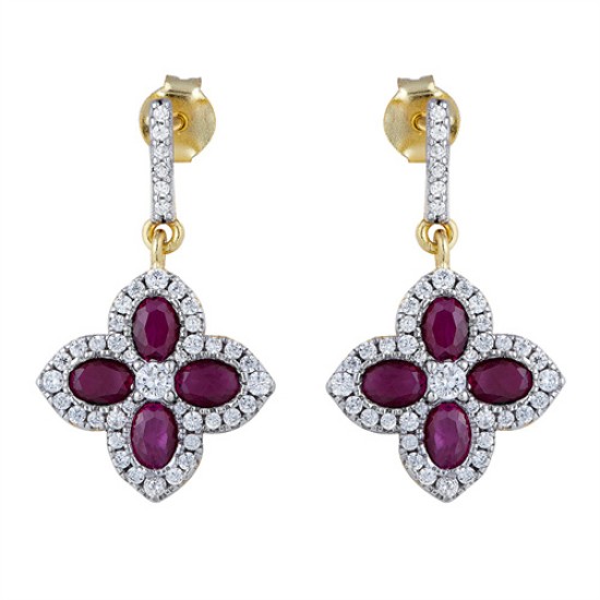 925 Silver 14ct Gold Plate CZ Set Clover Drop Earrings Red