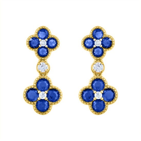 925 Silver 14ct Gold Plate CZ Set Clover Drop Earrings Blue