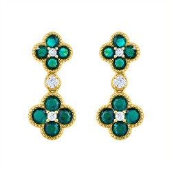 925 Silver 14ct Gold Plate CZ Set Clover Drop Earrings Green