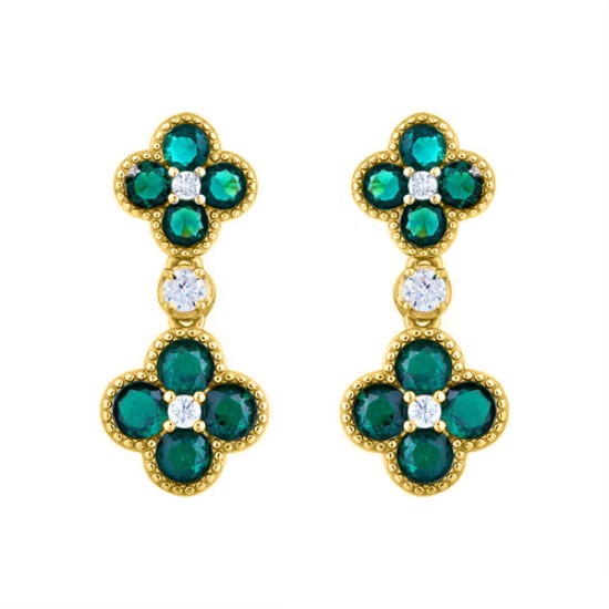 925 Silver 14ct Gold Plate CZ Set Clover Drop Earrings Green