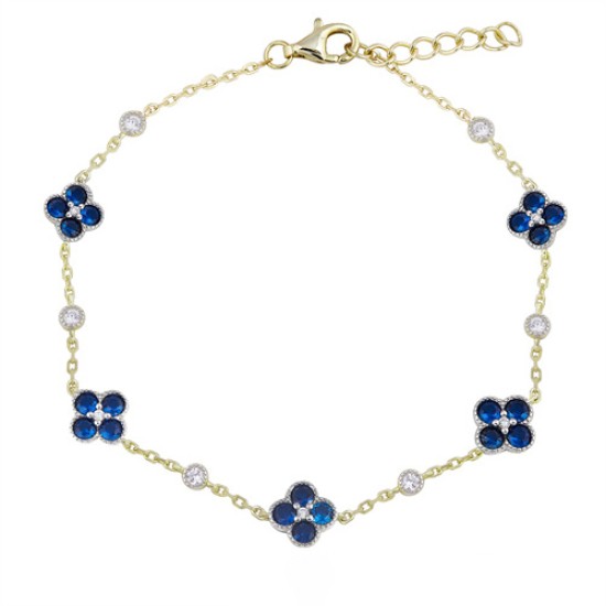 925 Silver 14ct Gold Plated CZ Set Clover Bracelet Blue