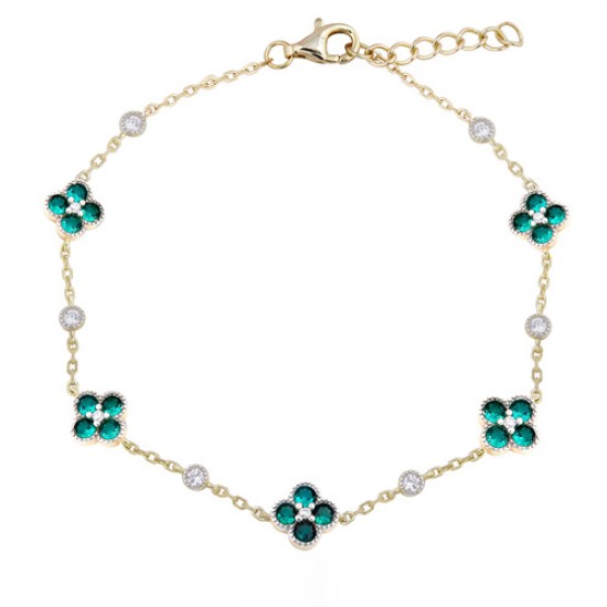925 Silver 14ct Gold Plated CZ Set Clover Bracelet Green