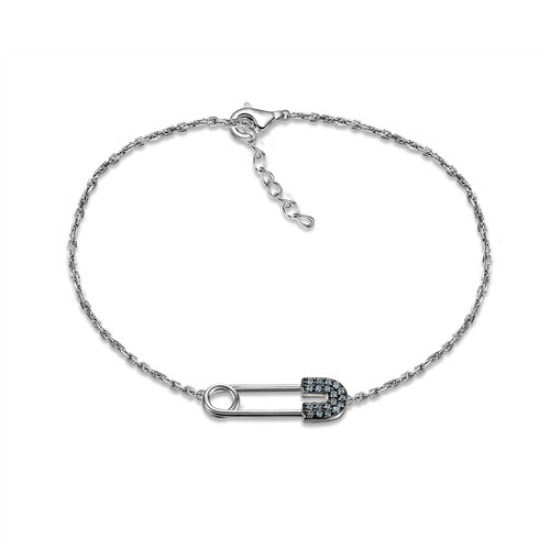 925 Silver Rhodium CZ Set Plated Safety Pin Bracelet