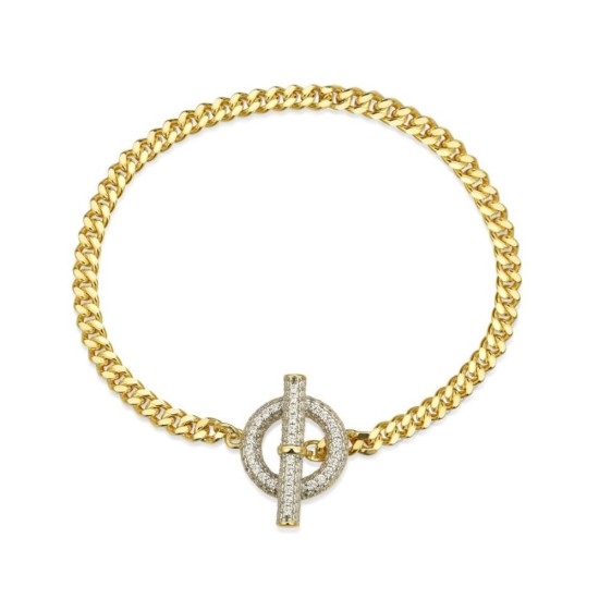 925 Silver 14ct Gold Plated CZ Set T Bar Bracelet