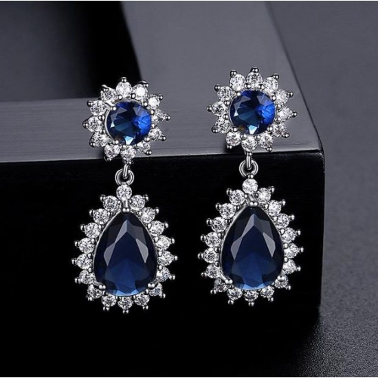 925 Silver Rhodium Plated Pear Shape Cluster Drop Earrings
