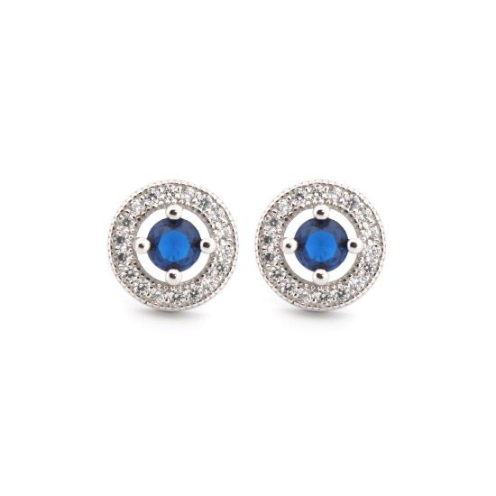 925 Silver Rhodium Halo Stud Earrings Sapphire Centre CZ