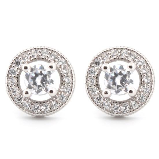 925 Silver Rhodium Halo CZ Stud Earrings White