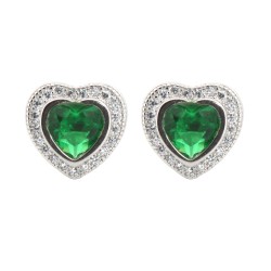 925 Silver Rhodium Heart Shape Stud Earrings Emerald Centre CZ