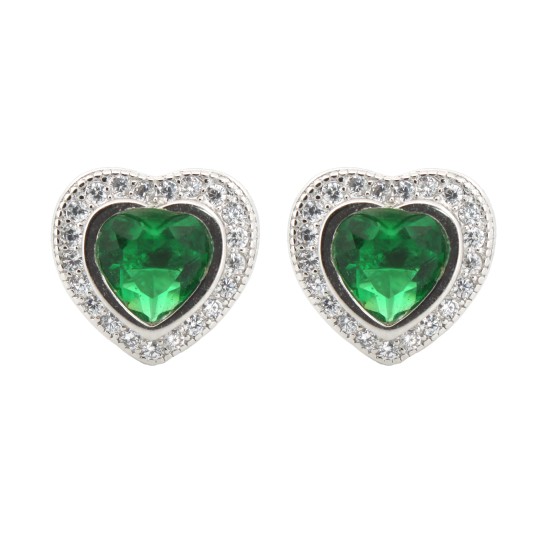 925 Silver Rhodium Heart Shape Stud Earrings Emerald Centre CZ
