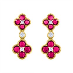 925 Silver 14ct Gold Plate CZ Set Clover Drop Earrings Red