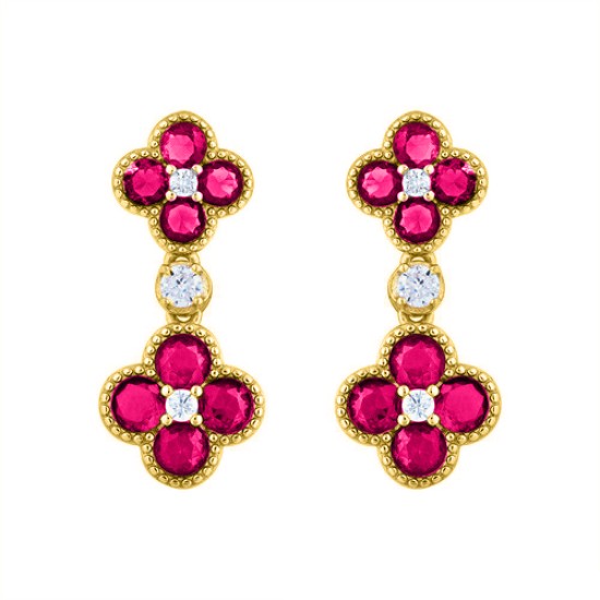 925 Silver 14ct Gold Plate CZ Set Clover Drop Earrings Red