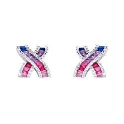 925 Silver Rhodium Plated Multo Col CZ Set Kisses Stud Earrings
