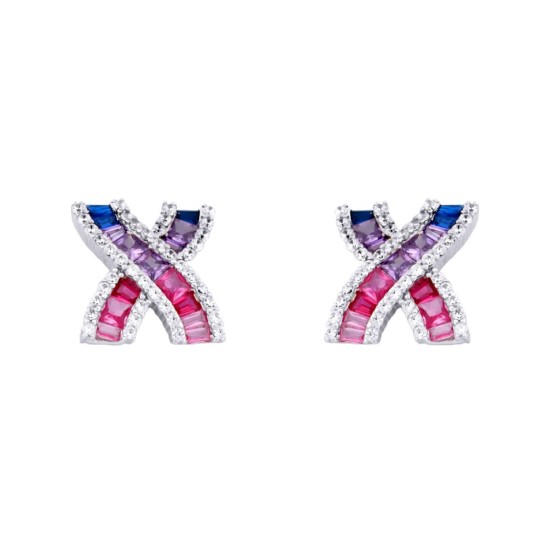 925 Silver Rhodium Plated Multo Col CZ Set Kisses Stud Earrings