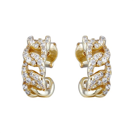 925 Silver 14ct Gold Plated CZ Set Curb Half Hoop Earrings Stud Earrings