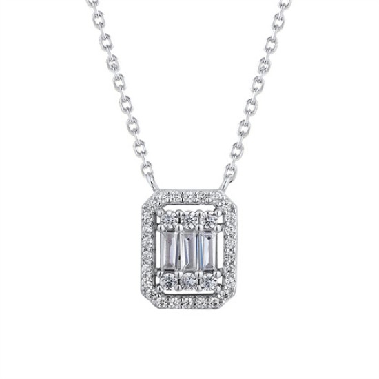 925 Silver Rhodium Plated CZ Set Emerald Shape Cluster Necklace