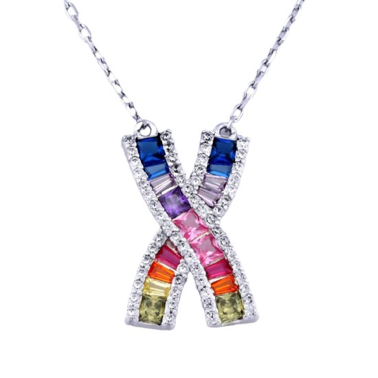 925 Silver Rhodium Plated Multi Col CZ Set Kisses Necklace