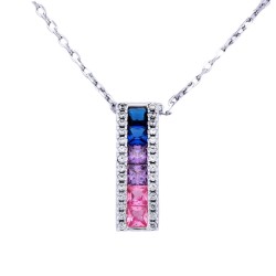 925 Silver Rhodium Plated Multi Col CZ Set Bar Necklace