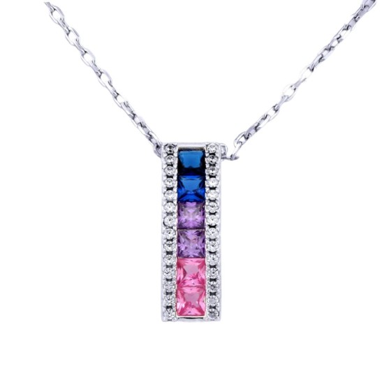 925 Silver Rhodium Plated Multi Col CZ Set Bar Necklace