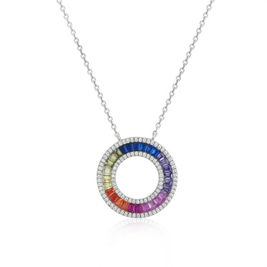 925 Silver Rhodium Plated Multi Col CZ Set Circle of Life Necklace