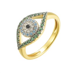925 Siver 14ct Gold Plated CZ Set Evil Eye Ring