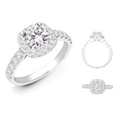 Lab 18ct White Gold 0.34ct Diamond Micro-set Cushion-shaped Halo and Shoulders Wed-fit Ring Mount + 0.50ct Diamond