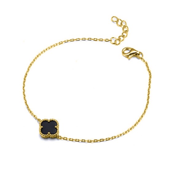 925 Silver 14ct Gold Plated Onyx  Clover Bracelet