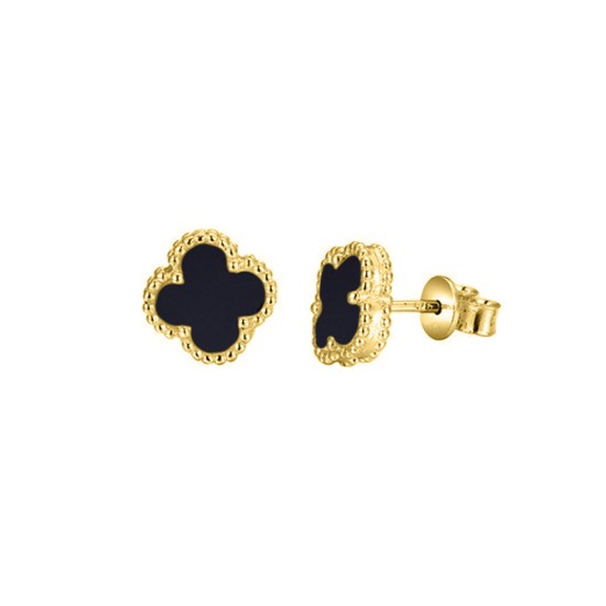 925 Silver 14ct Gold Plated Onyx  Clover Stud Earrings