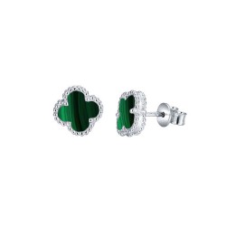 925 Silver Rhodium Plated Green Malachite Clover Stud Earrings