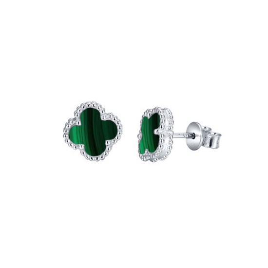 925 Silver Rhodium Plated Green Malachite Clover Stud Earrings