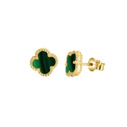 925 Silver 14ct Gold Plated Green Malachite Clover Stud Earrings
