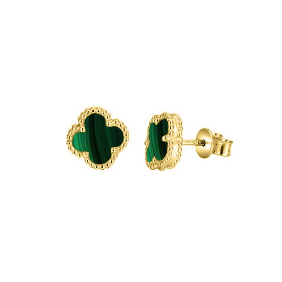 925 Silver 14ct Gold Plated Green Malachite Clover Stud Earrings