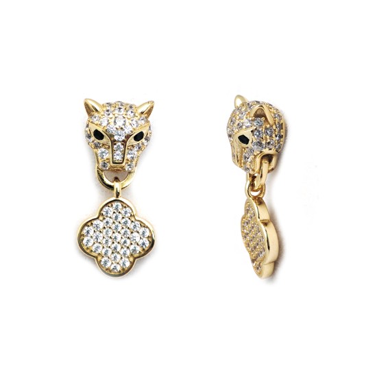 925 Silver 14ct Gold Plated Cz Set Panther Clover Stud Earrings Drops