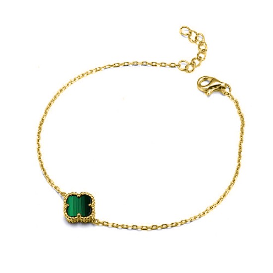 925 Silver 14ct Gold Plated Single Green Malachite Clover Bracelet