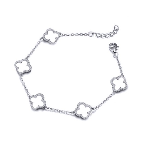 925 Silver Rhodium Plated CZ Set Clover Bracelet