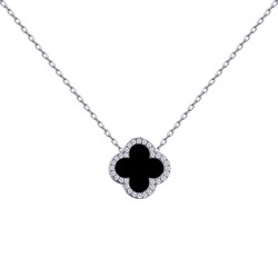 925 Silver Rhodium CZ Set Single Clover Necklace Black Onyx Colour