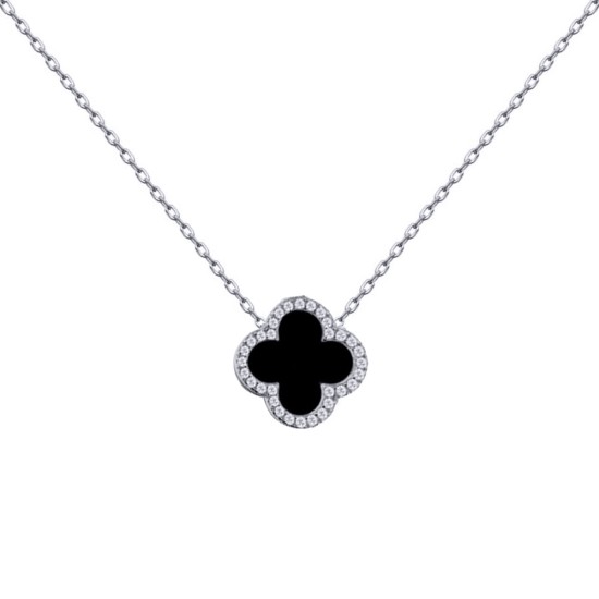 925 Silver Rhodium CZ Set Single Clover Necklace Black Onyx Colour