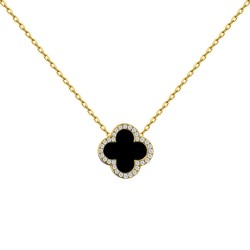 925 Silver 14ct gold Plated CZ Set Single Clover Necklace Black Onyx Colour