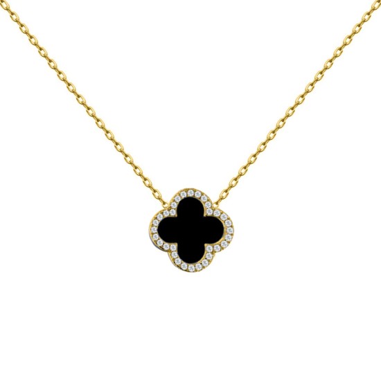 925 Silver 14ct gold Plated CZ Set Single Clover Necklace Black Onyx Colour