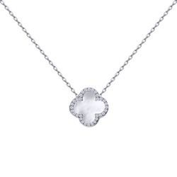 925 Silver Rhodium CZ Set Single Clover Necklace MOP White Colour