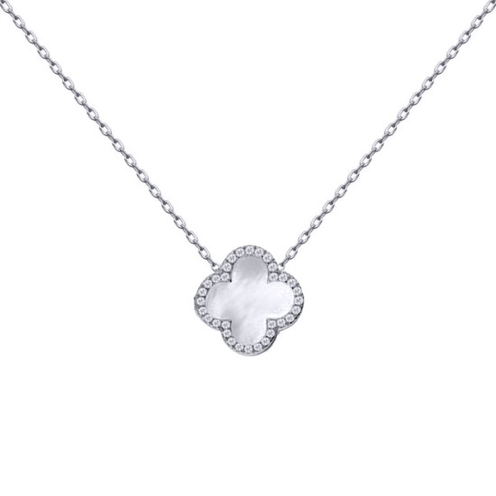 925 Silver Rhodium CZ Set Single Clover Necklace MOP White Colour