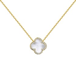 925 Silver 14ct gold Plated CZ Set Single Clover Necklace MOP White Colour